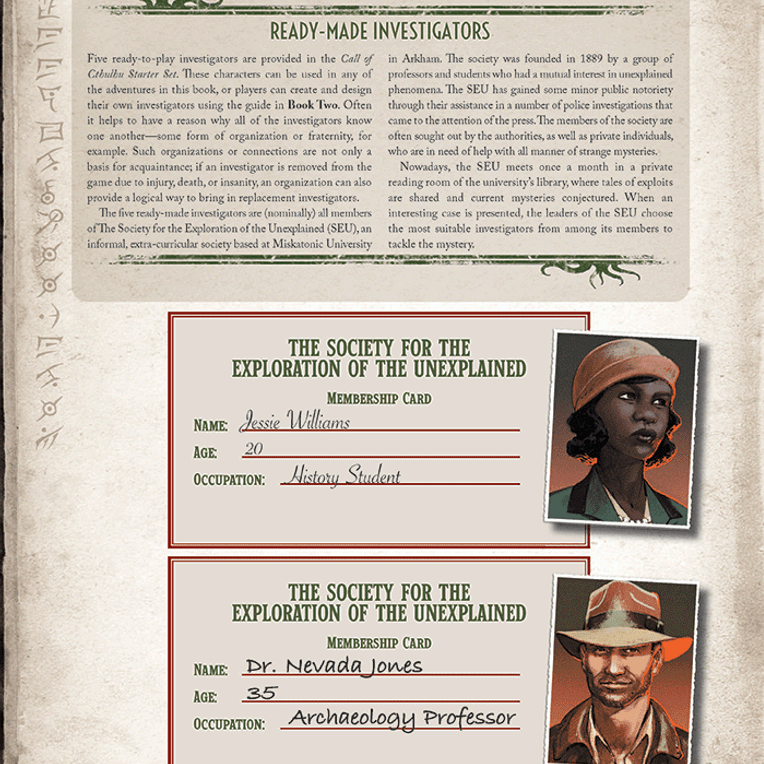 Call of Cthulhu Starter Set RPG by Chaosium showing the game box and character cards on a table.