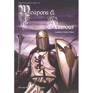 Studio 2 Publishing Palladium Book of Weapons & Armour RPG, open book showing detailed illustrations of weapons and armor.