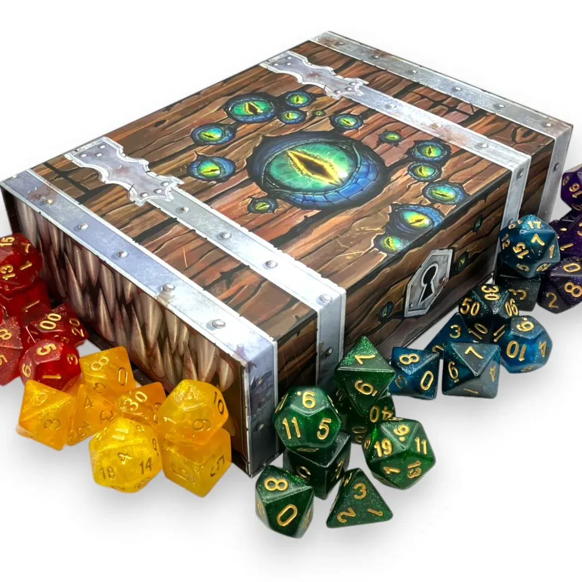 Mimic Chest and Treasure Dice Collection by Ghrosty & Schuff, LLC, featuring a detailed toy chest and colorful fantasy dice set.