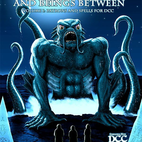 Open book titled Angels, Daemons and Beings Between Volume 1, featuring patrons and spells for DCC RPG by Goodman Games.