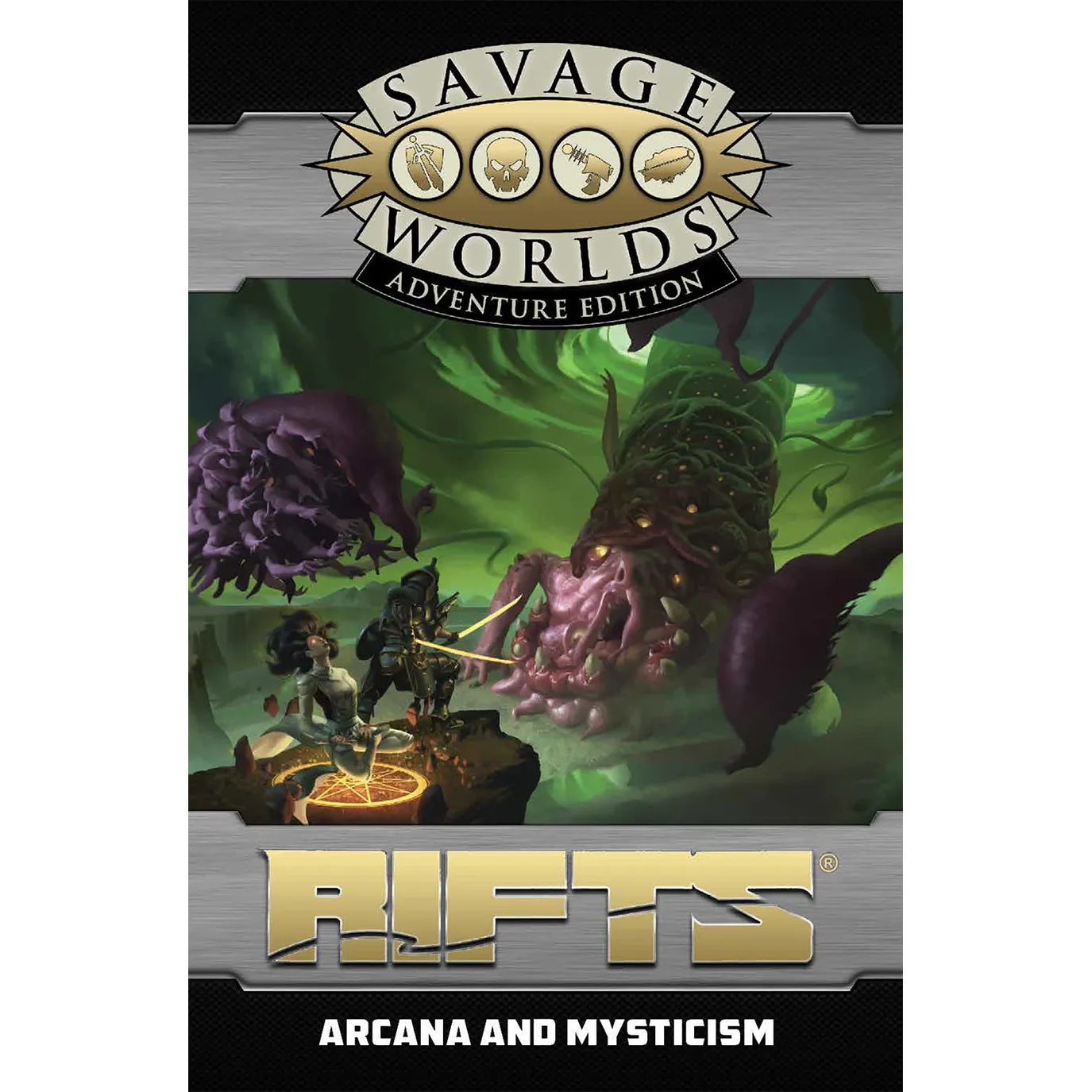 Studio 2 Publishing RPG book titled Rifts for Savage Worlds: Arcana & Mysticism, featuring mystical artwork on the cover.