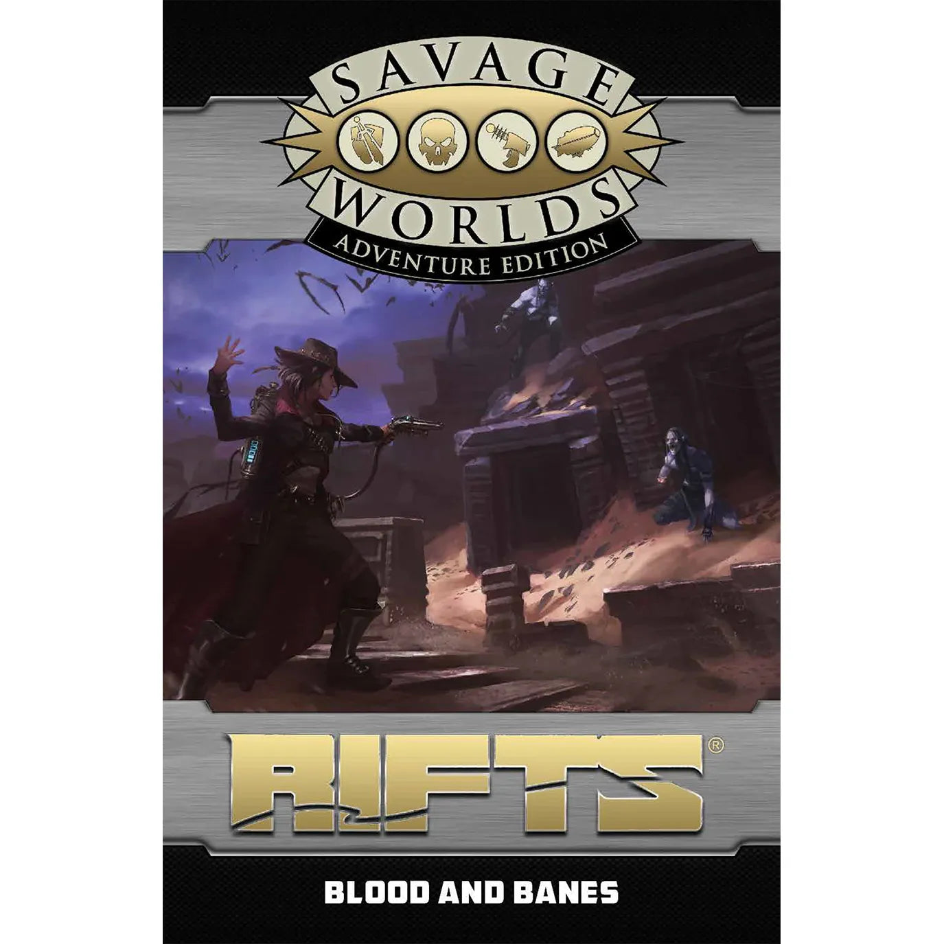 Studio 2 Publishing Savage Worlds Blood and Banes RPG book with detailed cover art and title text inside.