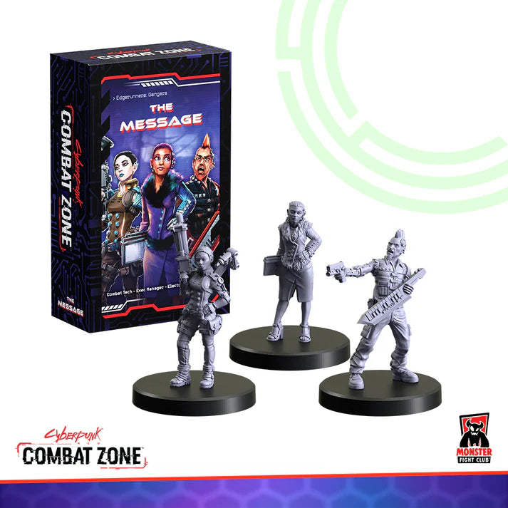 Detailed image of Combat Zone: The Message Edgerunners Claws Gangers miniature by Monster Fight Club, showing painted figure with weapons.