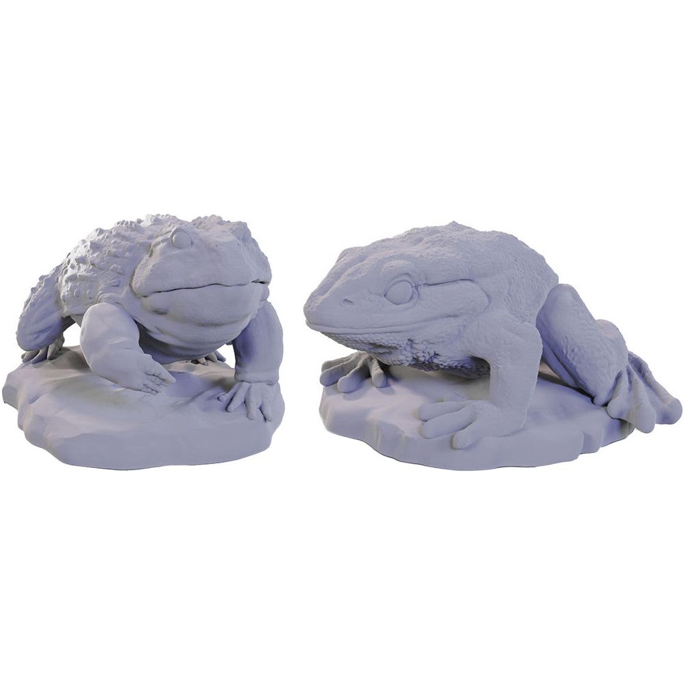 Unpainted Wizkids Deep Cuts D&D miniatures featuring detailed giant frog figures for tabletop gaming.