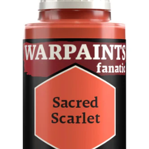 The Army Painter Warpaints Fanatic Sacred Scarlet acrylic paint in 18ml bottle, shown with vibrant red color and label.