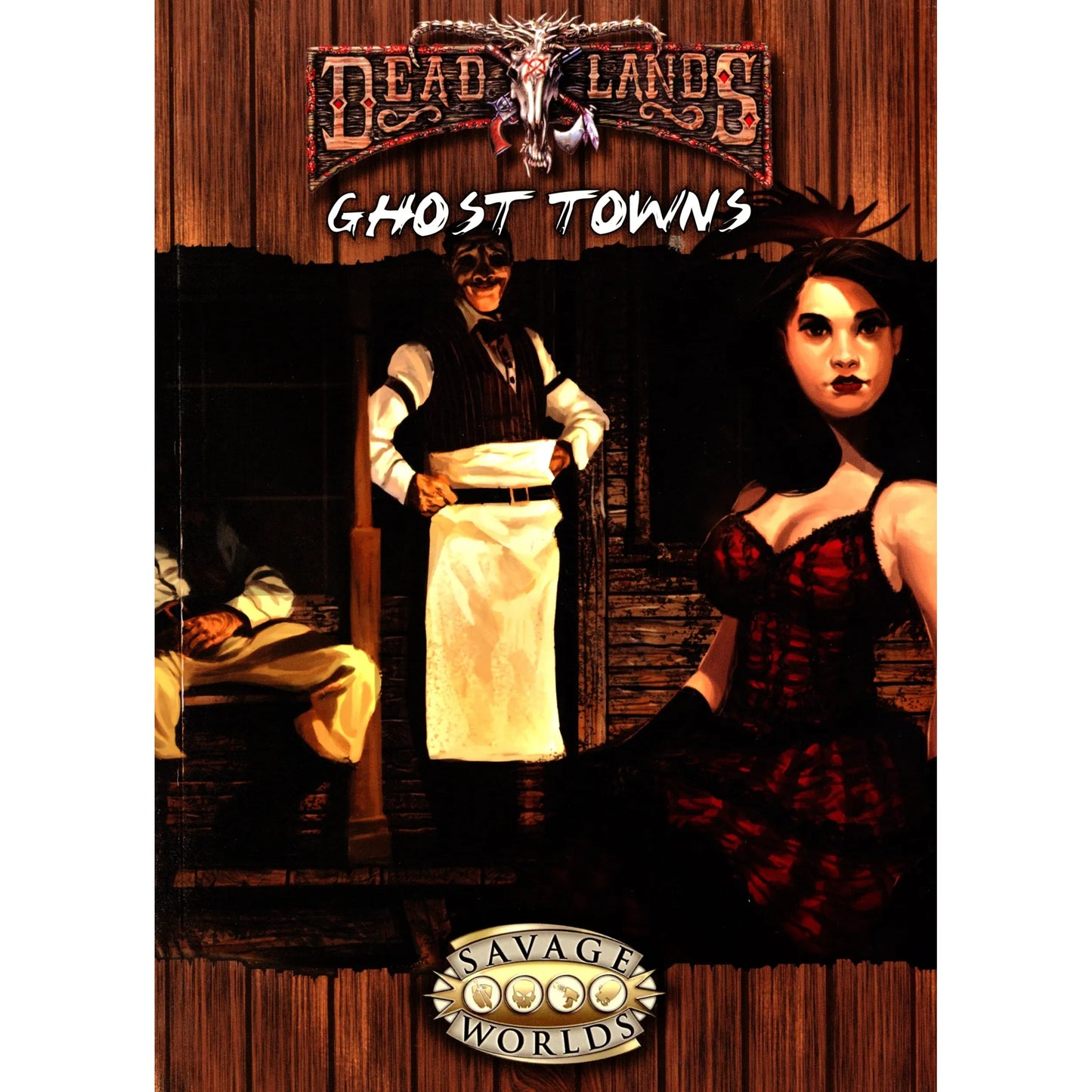 Deadlands Reloaded Ghost Towns RPG book by Studio 2 Publishing featuring cover art with a ghostly town scene and western horror theme.