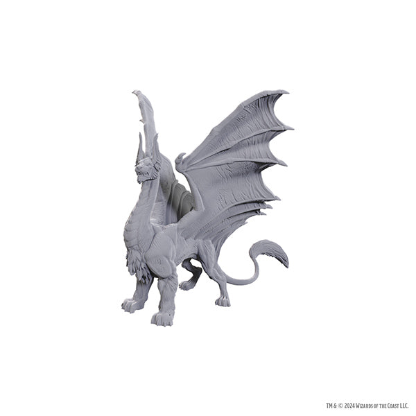 Unpainted D&D Nolzur's Marvelous Miniatures Liondrake figure by Wizkids, showing detailed dragon miniature with wings and scales.