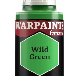 The Army Painter Warpaints Fanatic acrylic paint in Wild Green, 18ml bottle, with vibrant green paint visible inside the container.