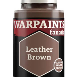 The Army Painter Warpaints Fanatic acrylic paint bottle labeled Leather Brown 18ml for miniature painting and modeling.