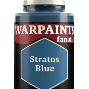 The Army Painter Warpaints Fanatic acrylic paint bottle in Stratos Blue, 18ml, shows the blue paint inside the transparent container.