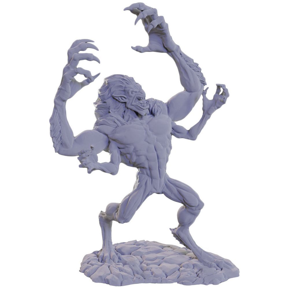 Unpainted miniatures of D&D Nolzur's Marvelous W22 Draegloth figure by Wizkids, showing detailed unpainted plastic miniature.