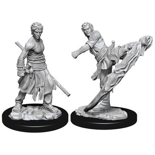 Unpainted Wizkids D&D Nolzur's Miniature of a W10 Half-Elf Male Monk with detailed sculpting for tabletop gaming.