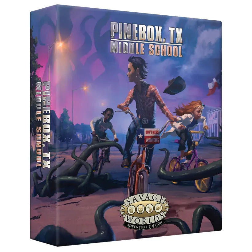 Studio 2 Publishing Pinebox, TX Middle School boxed set RPG book with colorful cover art featuring school and fantasy elements.