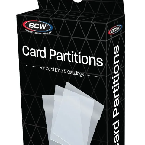 Clear card partitions from BCW for organizing trading cards and collectibles in storage boxes or binders.