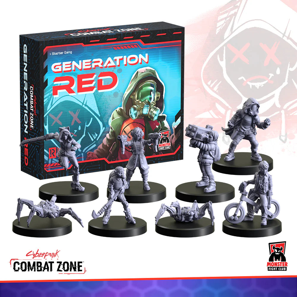 Combat Zone Generation RED Starter Gang action figures from Monster Fight Club, featuring colorful miniatures with detailed designs.