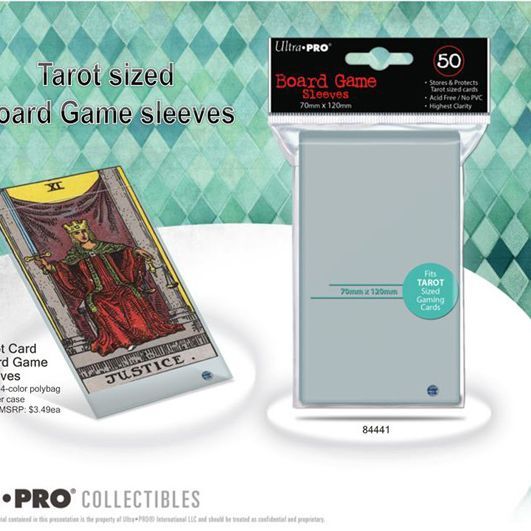 Ultra Pro International tarot size board game sleeves measuring 70mm by 120mm, shown in a close-up image.