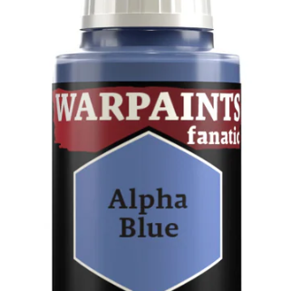The Army Painter Warpaints Fanatic acrylic paint bottle in Alpha Blue, 18ml, with a blue-painted brush tip and label visible.