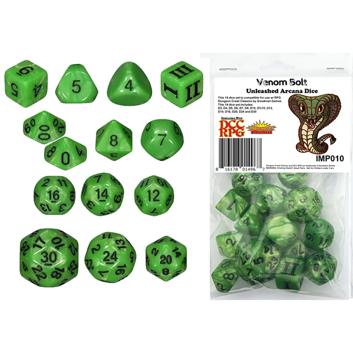 Set of colorful DCC dice from Goodman Games, including various polyhedral dice used for tabletop role-playing games.