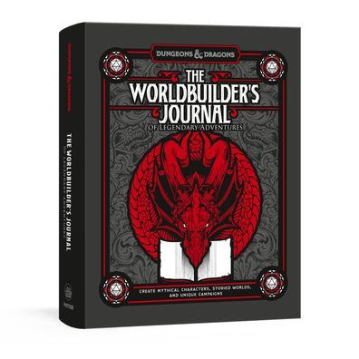 Open book titled The Worldbuilder's Journal of Legendary Adventures, a Dungeons & Dragons RPG guide by Penguin Random House