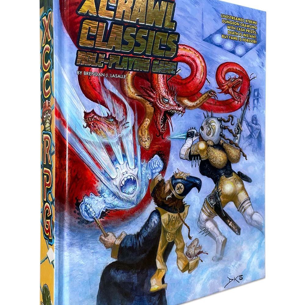Xcrawl Classics Core Rulebook RPG by Goodman Games, open book with colorful fantasy illustrations and game text pages.