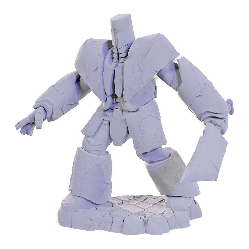 Unpainted D&D Critical Role Wizkids miniatures featuring a cobalt golem figure on a clear base.