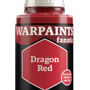 The Army Painter Warpaints Fanatic acrylic paint bottle in Dragon Red, 18ml, with red paint and label visible.