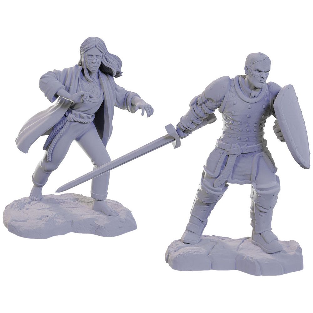 Unpainted D&D Nolzur's Marvelous Miniatures of Wizkids W22 Reborn Paladin and Warlock figures on a display stand.