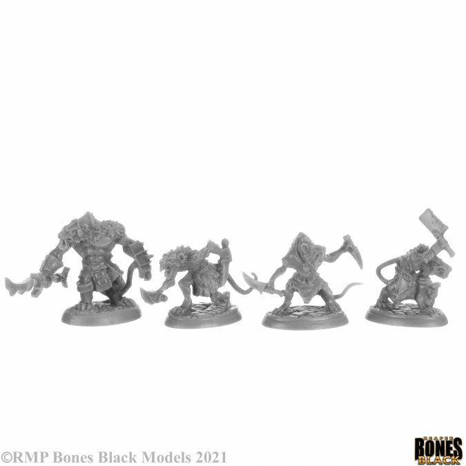 Reaper Miniatures Reaper: Wererat Gang figurine, detailed model of rat-like humanoid with weapons, suitable for tabletop gaming.