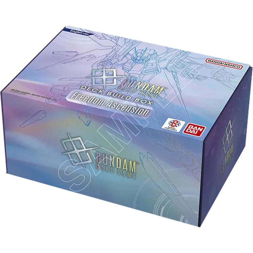 Bandai Gundam: Deck Build Box Freedom Ascension trading cards with vibrant artwork and collectible designs in the image.