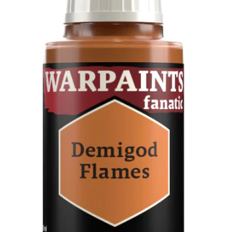 The Army Painter Warpaints Fanatic acrylic paint in Demigod Flames, 18ml bottle with vibrant orange and yellow flames design.