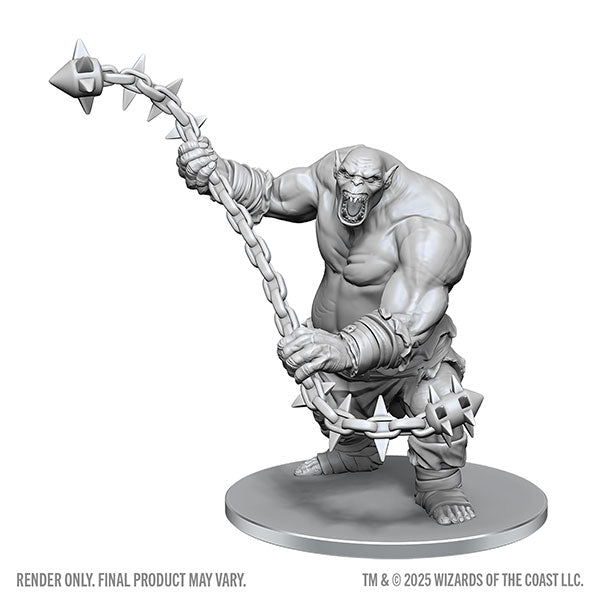 Unpainted D&D Nolzur's Marvelous Miniature of Wizkids Ogre Chain Brute, detailed fantasy tabletop gaming figure.