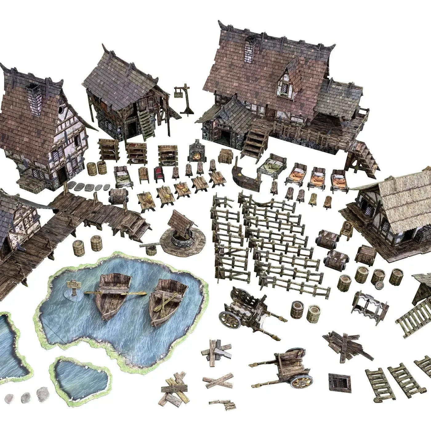 Detailed Battle Systems Fantasy Village miniature terrain set for tabletop gaming, featuring buildings and scenic elements.