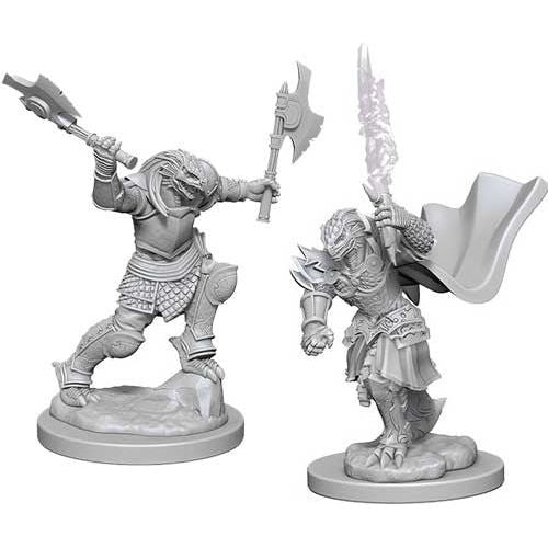 Unpainted Wizkids D&D Nolzur's Marvelous Miniatures dragonborn female fighter miniature on a display base.