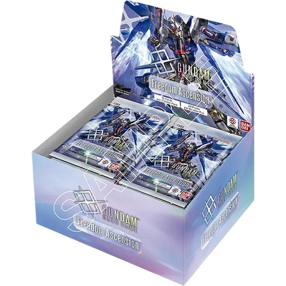 Bandai Gundam: Freedom Ascension Booster Box trading cards full box with sealed packs, featuring vibrant artwork and collectible designs.