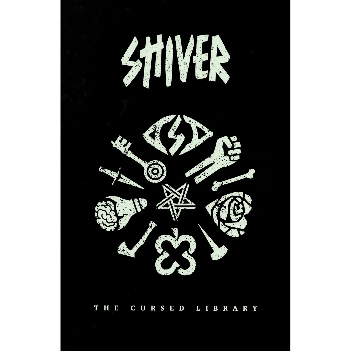Open copy of "SHIVER: The Cursed Library RPG" book by Studio 2 Publishing, showing detailed cover art and title.