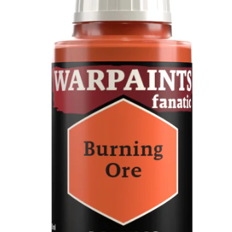 The Army Painter Warpaints fanatic acrylic paint in Burning Ore, 18ml bottle, with vibrant dark orange-brown color and label visible.