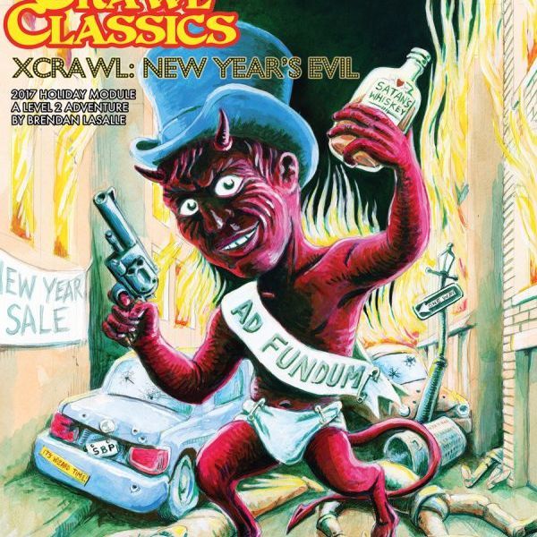 Open DCC 2017 Holiday Module book titled "New Year’s Evil" by Goodman Games, featuring colorful cover art and fantasy illustrations.