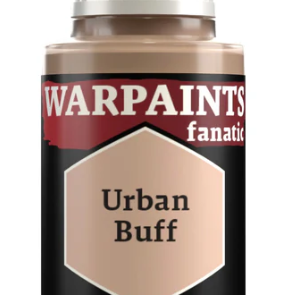 Bottle of The Army Painter Warpaints Fanatic acrylic paint in Urban Buff color, 18ml container with a black cap.