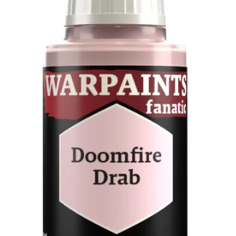 The Army Painter Warpaints fanatic acrylic paint in Doomfire Drab, 18ml bottle, shown with label and vibrant color swatch.