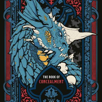 Open book titled The Book of Concealment, a game screen and journal in one, with detailed illustrations and text on pages.