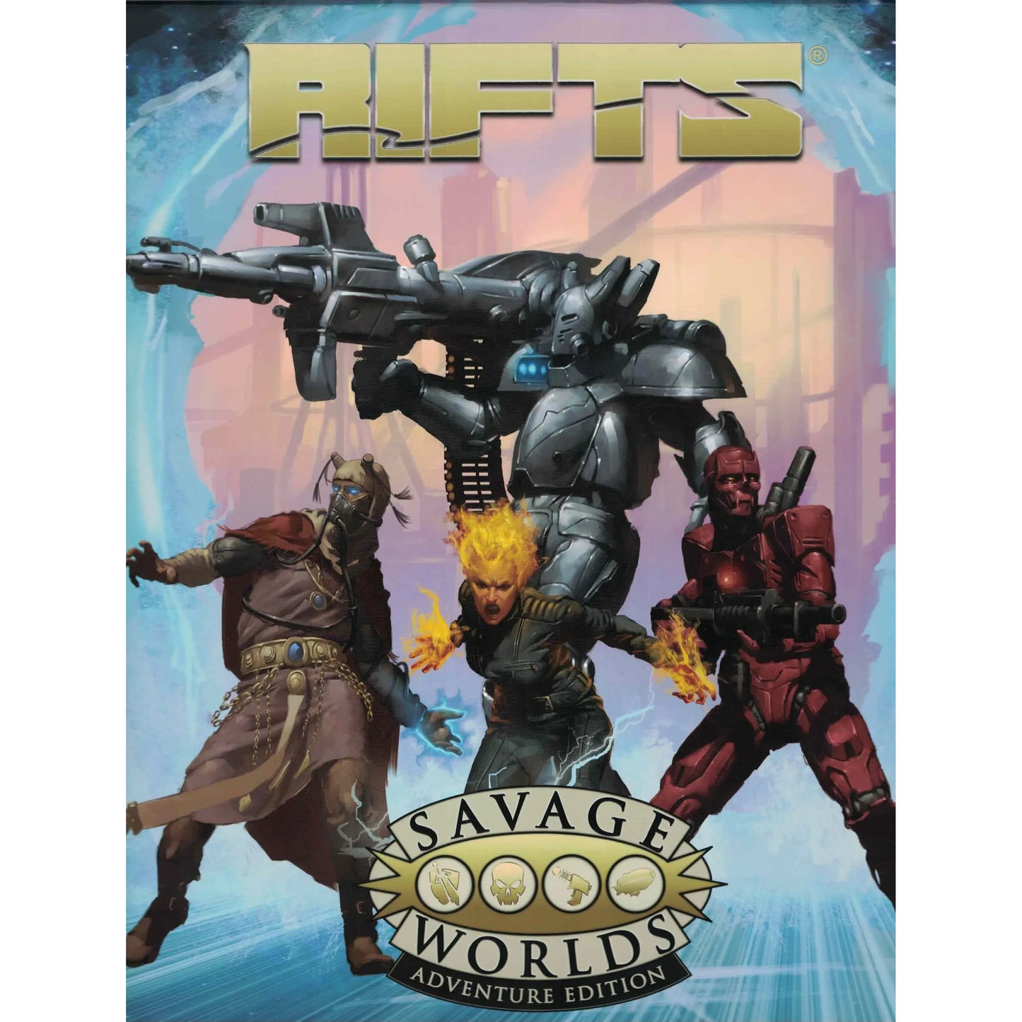 Savage Rifts® for Savage Worlds Adventure Edition boxed set book by Studio 2 Publishing, featuring colorful cover art and game content.