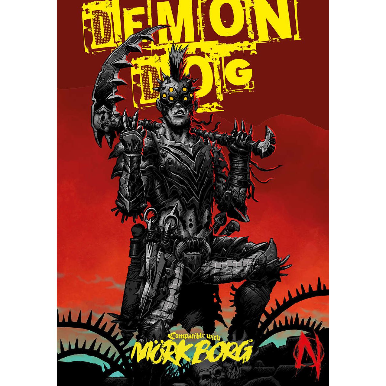 Demon Dog RPG book by Studio 2 Publishing featuring dark fantasy artwork and detailed game rules for Mork Borg.