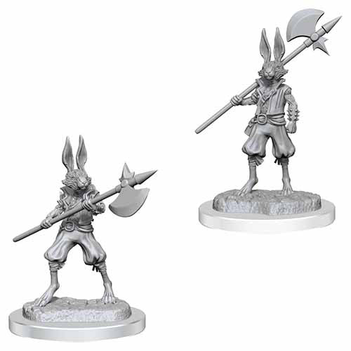 Unpainted D&D Nolzur's miniature of W18 Harengon Brigands by Wizkids, showing detailed rabbit-like fantasy characters.