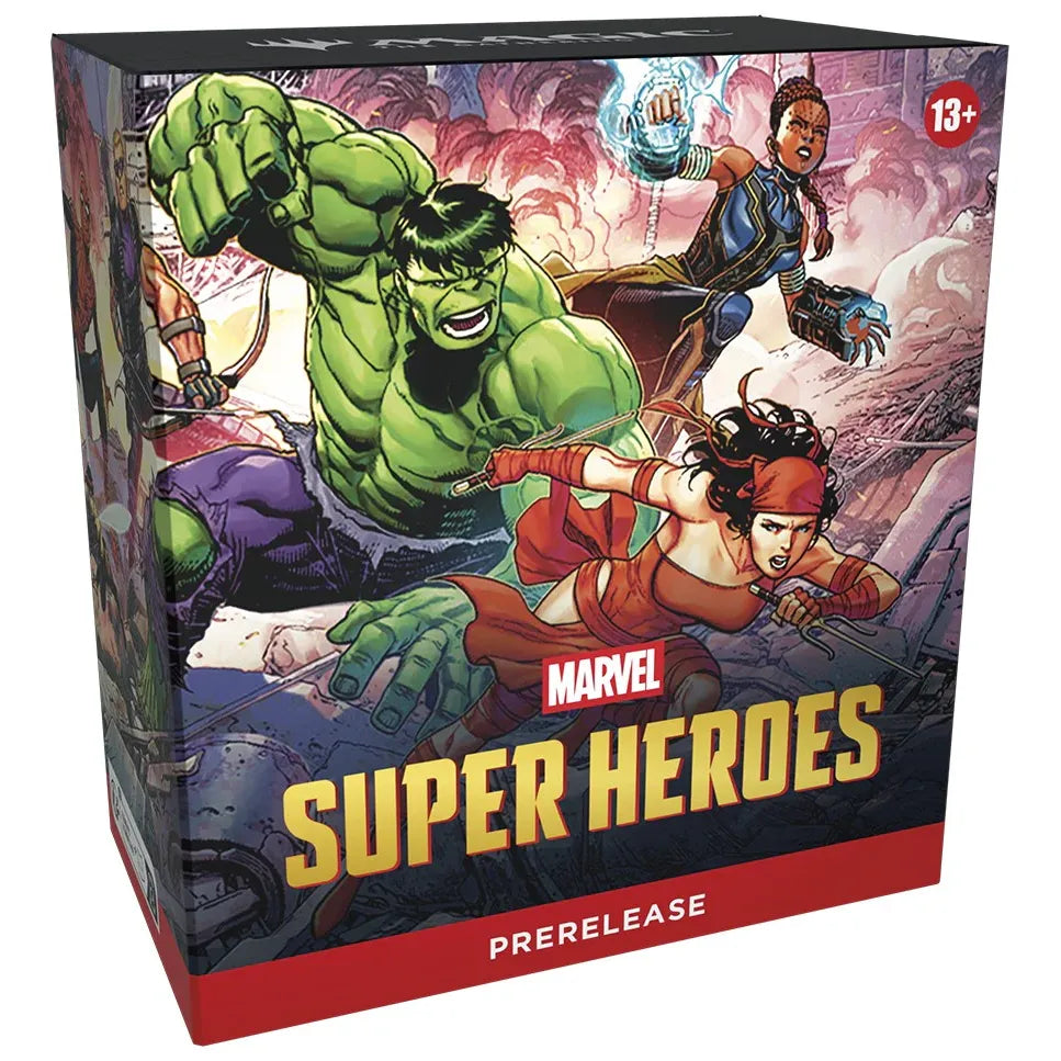 MTG Marvel Super Heroes prerelease event image showing promotional packs, participation details, and event date for Wizards of the Coast.