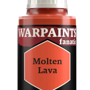 The Army Painter Warpaints Fanatic Molten Lava acrylic paint in an 18ml bottle, featuring vibrant orange and red colors.