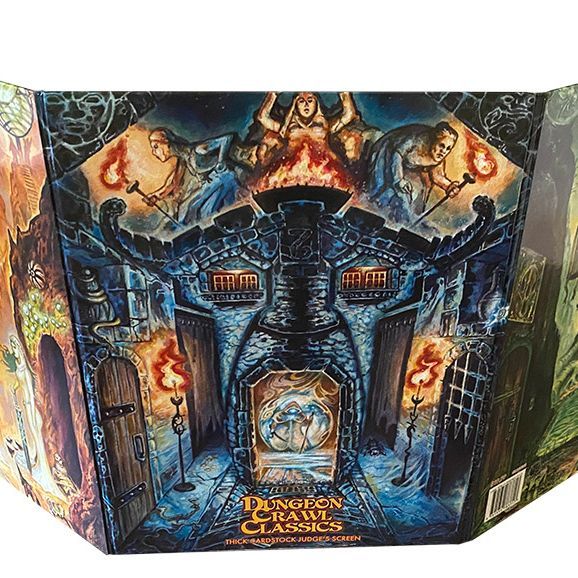Thick cardstock Judges Screen for DCC RPG by Goodman Games, featuring game rules and charts in a sturdy book format.