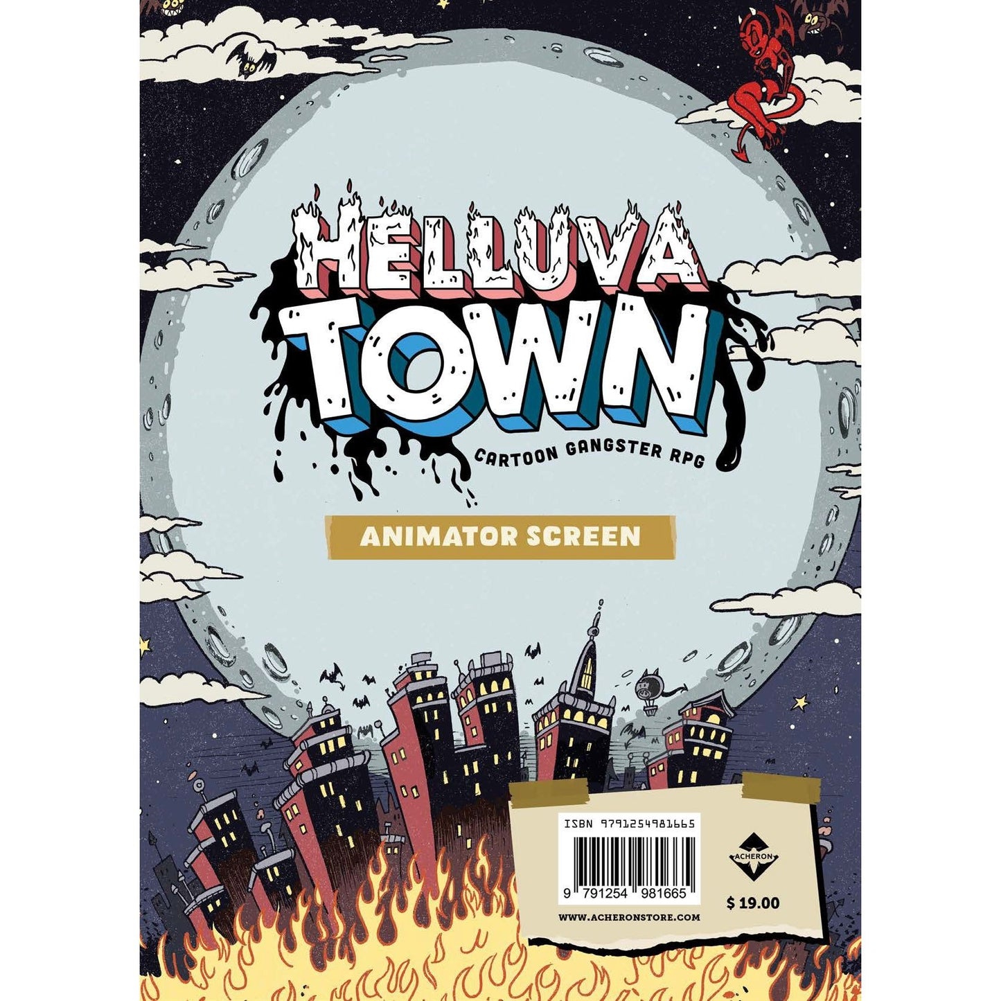 Helluva Town Cartoon Gangster RPG animator screen book by Studio 2 Publishing, featuring colorful illustrated pages and character designs.
