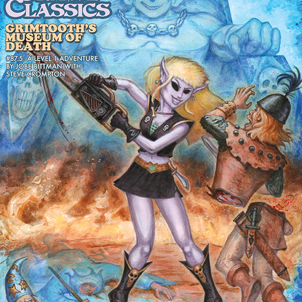 Open Grimtooth’s Museum of Death RPG book by Goodman Games showing detailed cover art and dark, macabre illustrations.