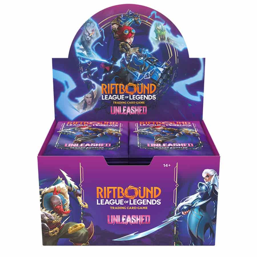 Box of Universus Riftbound TCG Set 3 Unleashed trading cards in a full unopened booster box.