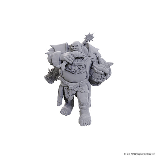 Unpainted D&D Nolzur's Wizkids miniature of an Ogre Soldier with detailed sculpting for tabletop gaming.
